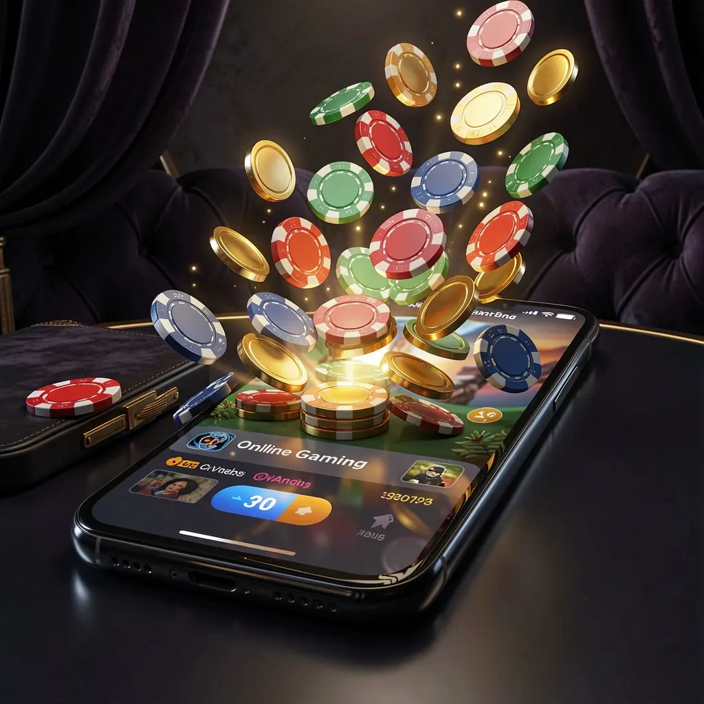 9V9 online gaming app displayed on a glowing smartphone screen with casino chips and coins emerging, set against a luxury dark background with cinematic lighting in a high detail 3D render