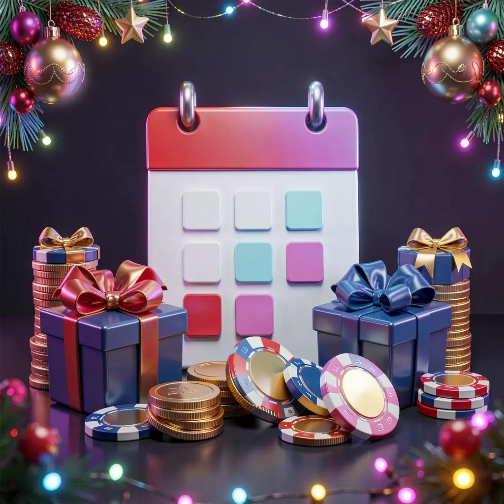 3D premium style weekly casino bonus concept featuring a calendar icon, gift boxes, coins, and chips with a festive dark background and neon glow, showcasing 9V9 brand