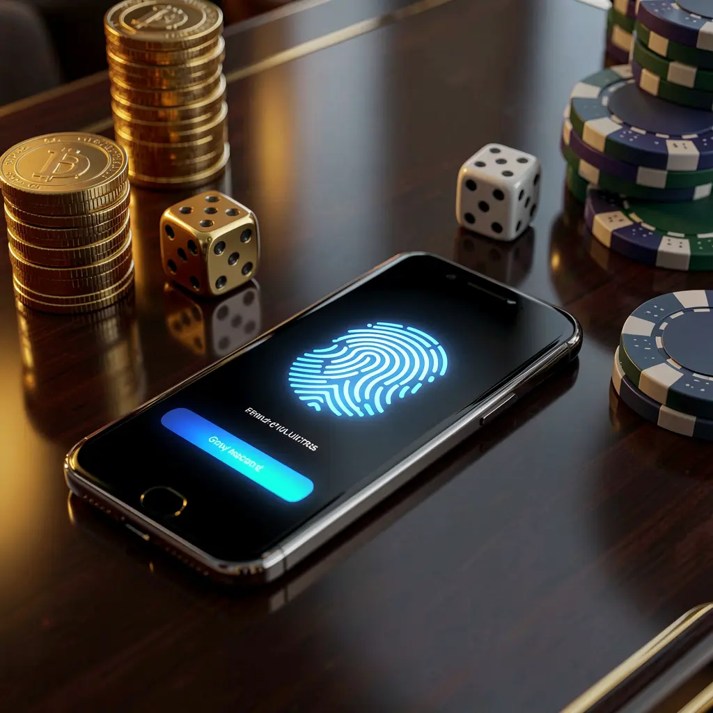 9V9 online gaming account access scene showing a smartphone with a glowing fingerprint icon surrounded by golden coins, dice, and poker chips on a glossy table under cinematic lighting