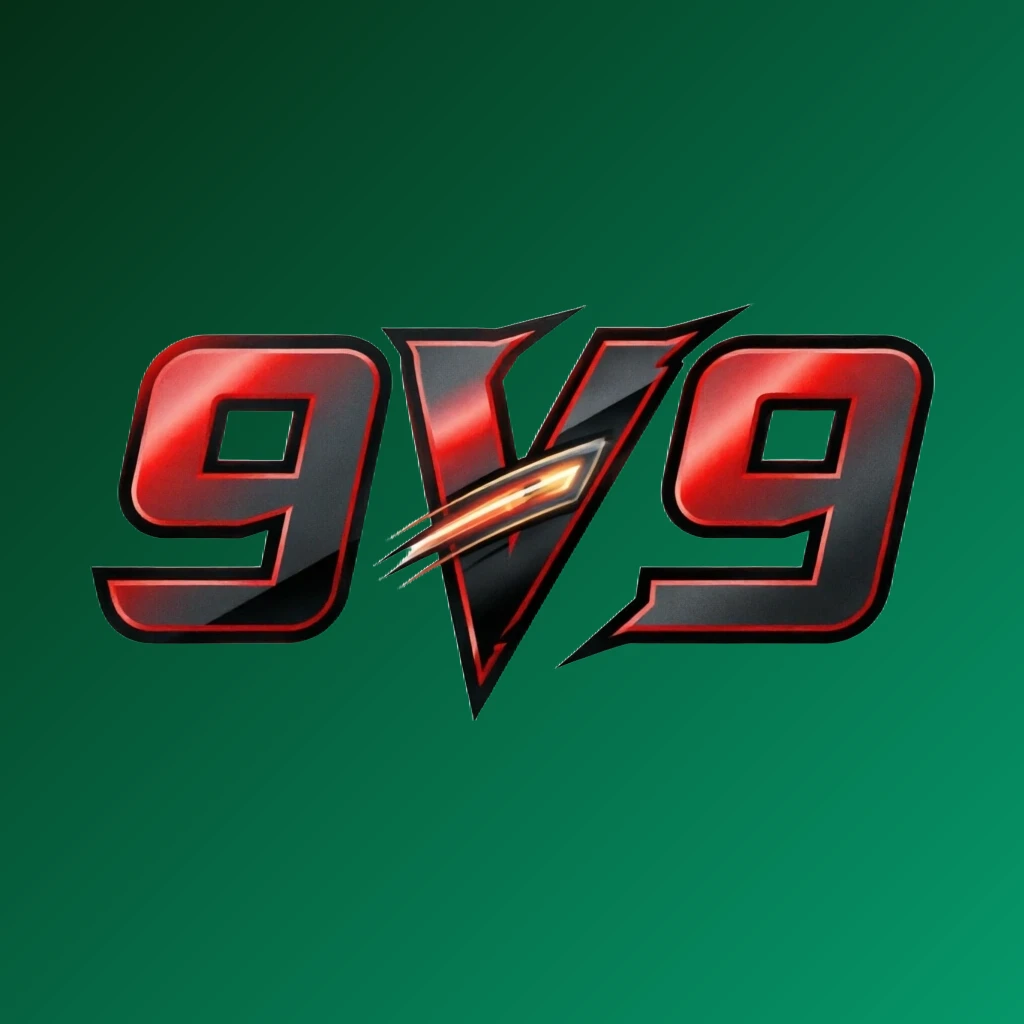 Dynamic sports-style horizontal rectangular wordmark logo for 9V9 featuring bold, sharp shapes and motion effects on a transparent background, designed for an energetic brand identity