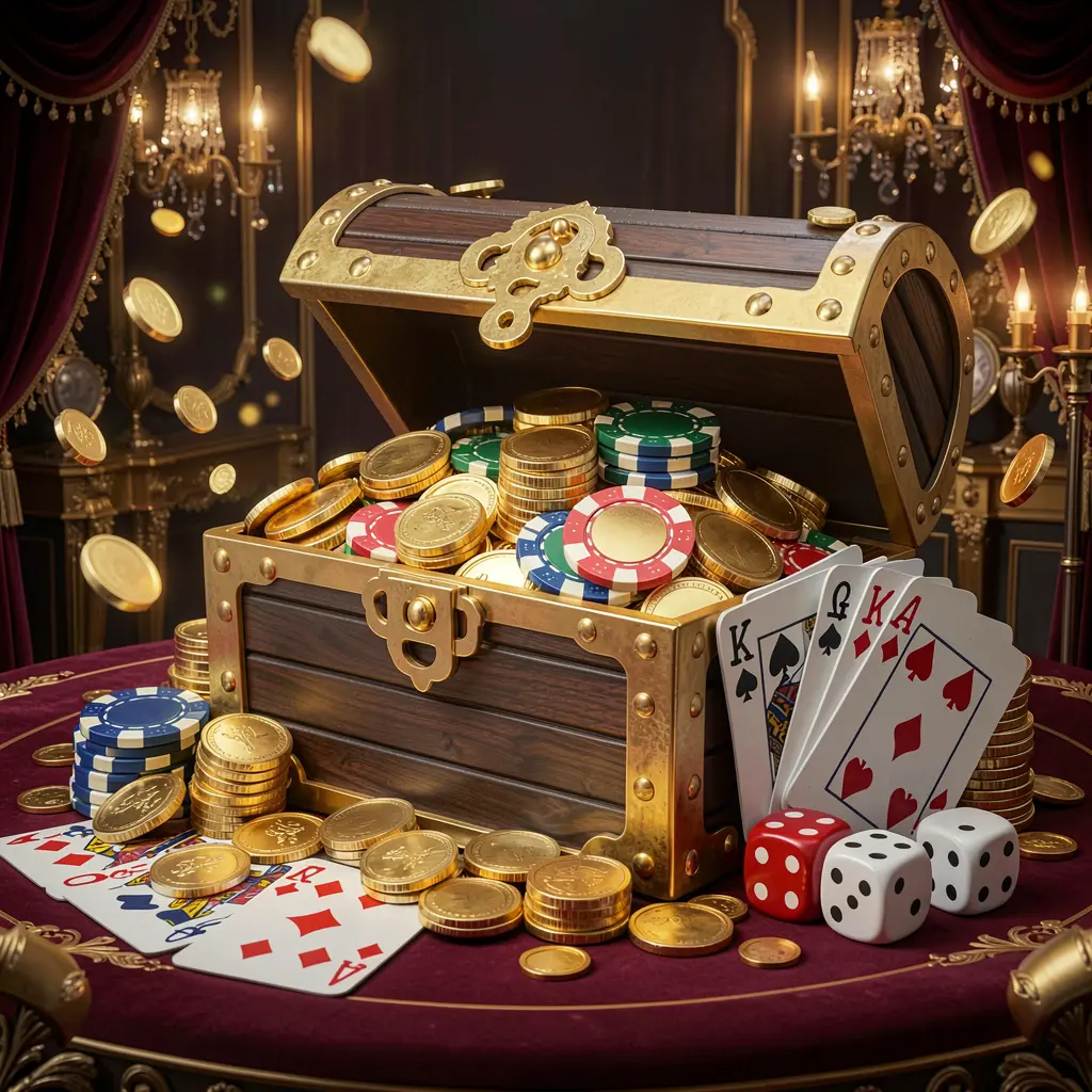 9V9 online casino welcome banner featuring a treasure chest filled with golden coins and casino chips, playing cards and dice nearby against a dark luxury background with a festive premium atmosphere